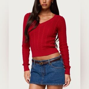 EDIKTED Ashlee Red V Neck Cable Knit Top (XS)